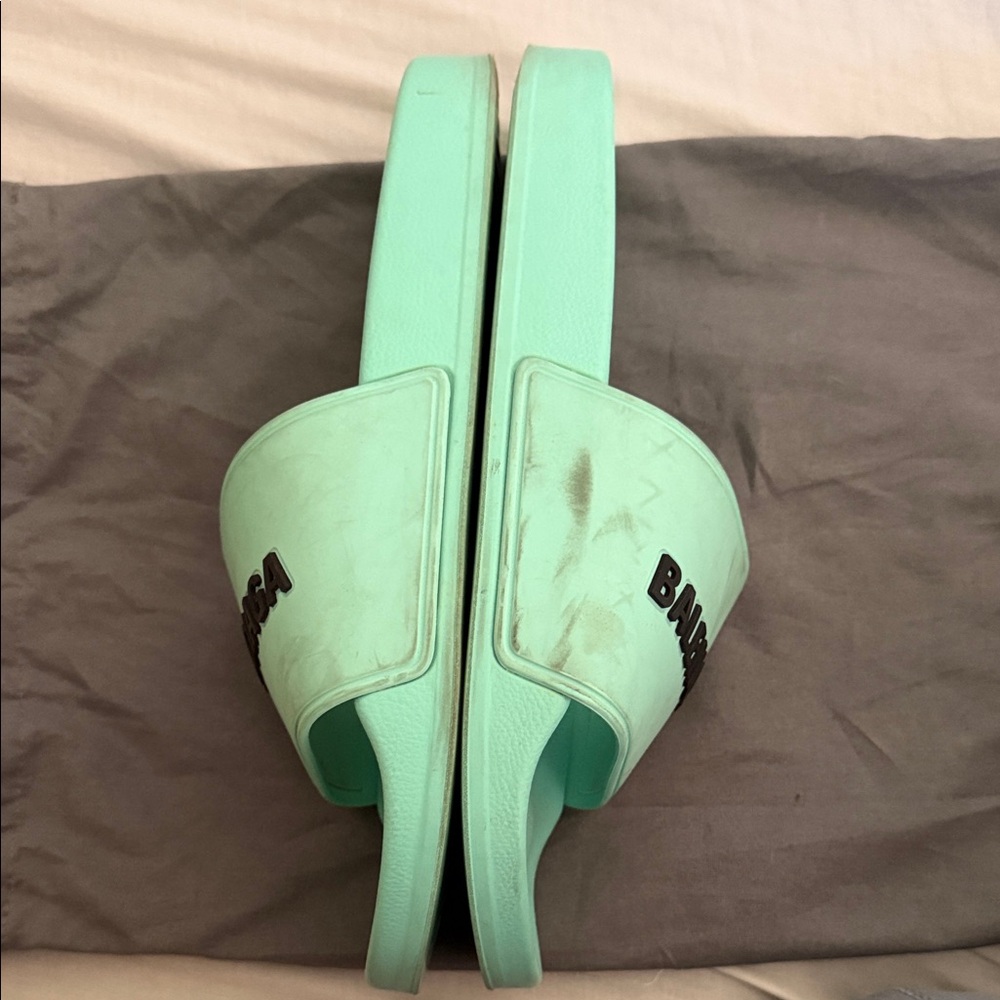 Balenciaga Mint Green Slide Sandals with Black Logo - Picture 3 of 6